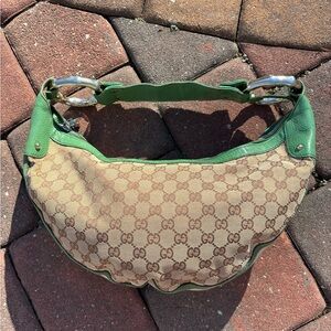Vintage Gucci Shoulder Bag GG Pattern Bamboo 131036 Beige Brown Green Leather
